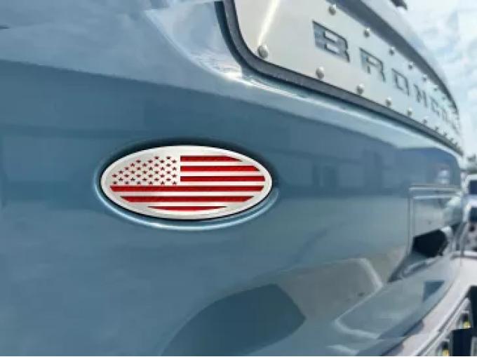 American Car Craft 2021-2024 Bronco Tailgate Emblem Replacement- Polished Stainless Base with Brushed American Flag Top Plate 662005-RD