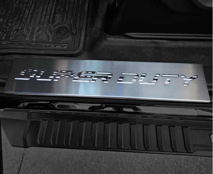 American Car Craft 2017-2024 Ford F250 and F350 Front Black Brushed Stainless Steel Door sills - Super duty American Style Flag Font ( Choose Color) Choose Color (No LEDs) 791004