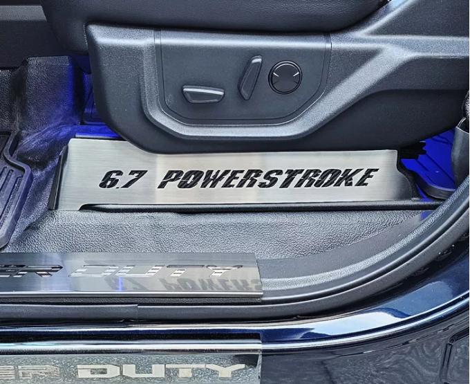 American Car Craft 2017-2022 Ford F250 Brushed Stainless Lower Seat Vanity Plate with "6.7 Power Stroke" Logo 2pc, Select Inlay 791049