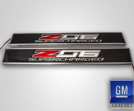 American Car Craft 2014-2019 C7 Corvette - Light Up Z06 SUPERCHARGED Replacement Door Sills 2Pc, Carbon Fiber with Stainless Trim 051026