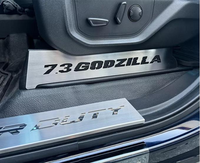 American Car Craft 2017-2022 Ford F250 Brushed Stainless Lower Seat Vanity Plate with "7.3 Godzilla" Logo 2pc, Select Inlay 791048