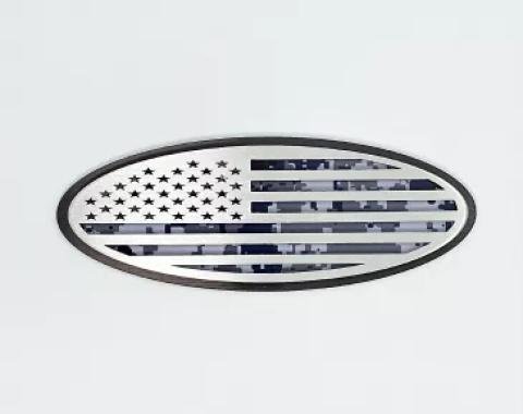 American Car Craft 2021-2024 Bronco Tailgate Emblem Replacement- Black Brushed Stainless Steel with Brushed American Flag Top Plate 662004