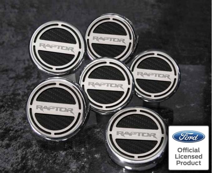 American Car Craft Ford Raptor - Engine Fluid Cap Covers with RAPTOR Logo 6Pc, Triple Plated Chrome, Choose Colored Inlay 773009