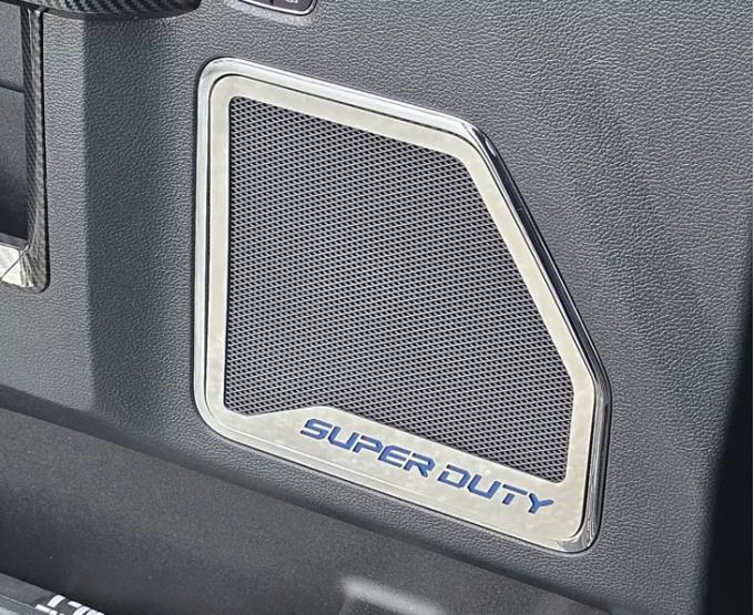 American Car Craft 2017-2022 Ford F250 Polished Front Inner Door Speaker Trim "SUPER DUTY" Etched Logo 2pc, Select Inlay 791012