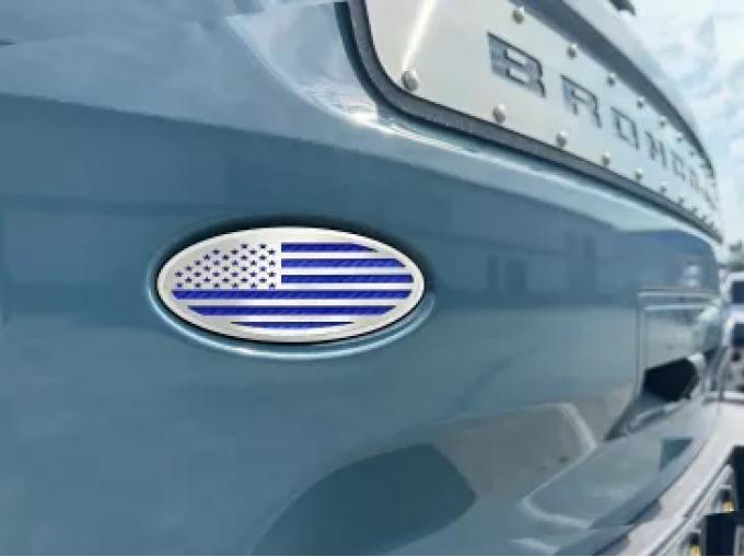American Car Craft 2021-2024 Bronco Tailgate Emblem Replacement- Polished Stainless Base with Brushed American Flag Top Plate 662005-BLU