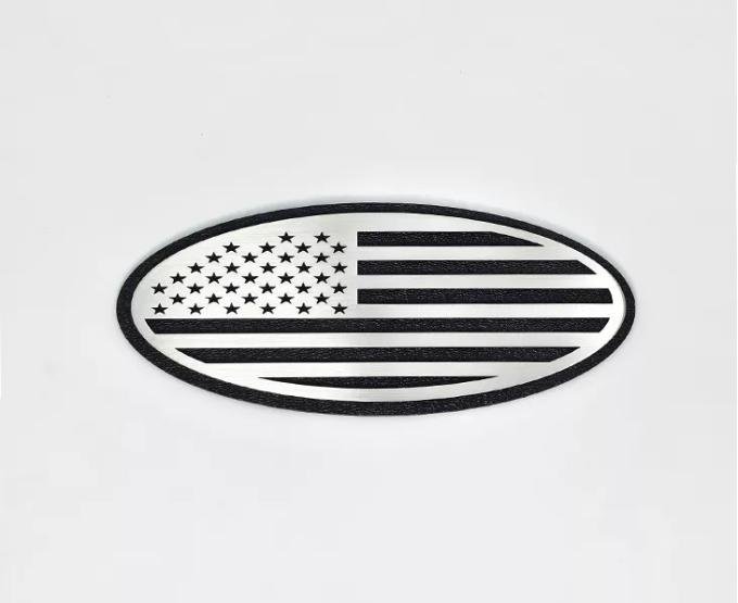 American Car Craft 1999-2007 Ford F250/F350 Tailgate Emblem Replacement- Black abs Base with Brushed American Flag Top Plate 782106