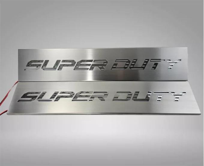 American Car Craft 2017-2024 Ford F250 and F350 Front Brushed Stainless Steel Door Sills - Super Duty American Flag Font (No LEDs) 791002