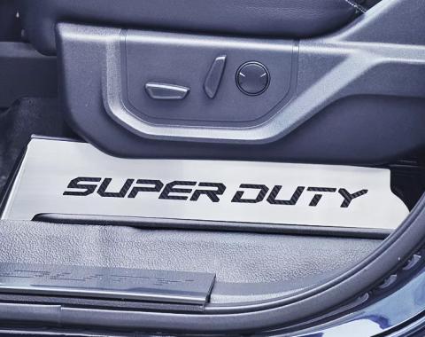American Car Craft 2017-2022 Ford F250 Brushed Stainless Lower Seat Vanity Plate with "Super Duty" Logo 2pc, Select Inlay 791046