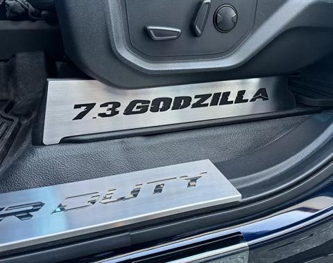 American Car Craft 2017-2022 Ford F250 Brushed Stainless Lower Seat Vanity Plate with "7.3 Godzilla" Logo 2pc, Select Inlay 791048