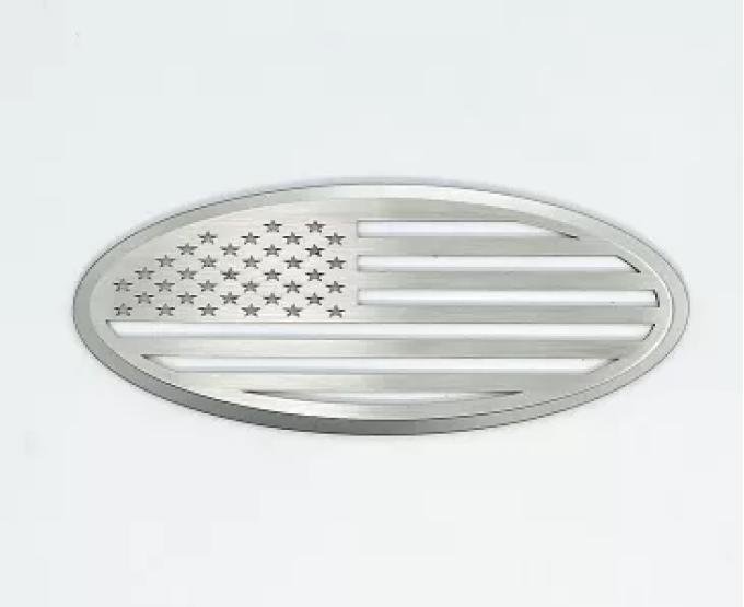 American Car Craft 2017-2022 Ford F250/F350 Tailgate Emblem Replacement- Polished Stainless Back Plate with Brushed American Flag Top Plate 782105-WHT