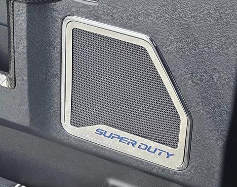 American Car Craft 2017-2022 Ford F250 Polished Front Inner Door Speaker Trim "SUPER DUTY" Etched Logo 2pc, Select Inlay 791012
