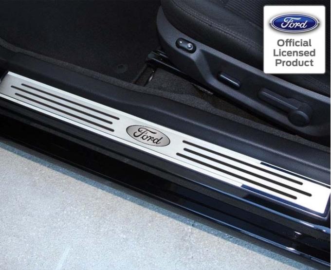 American Car Craft 2010-2014 Mustang - Outer Door Sills Ford Oval with Slotted Carbon Fiber Style 2Pc, Polished/Brushed Stainless Steel 271028