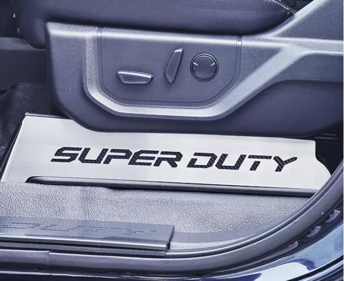 American Car Craft 2017-2022 Ford F250 Brushed Stainless Lower Seat Vanity Plate with "Super Duty" Logo 2pc, Select Inlay 791046