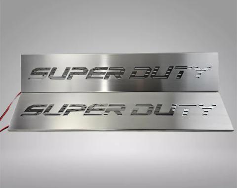 American Car Craft 2017-2024 Ford F250 and F350 Front Brushed Stainless Steel Door Sills - Super Duty American Flag Font (No LEDs) 791002