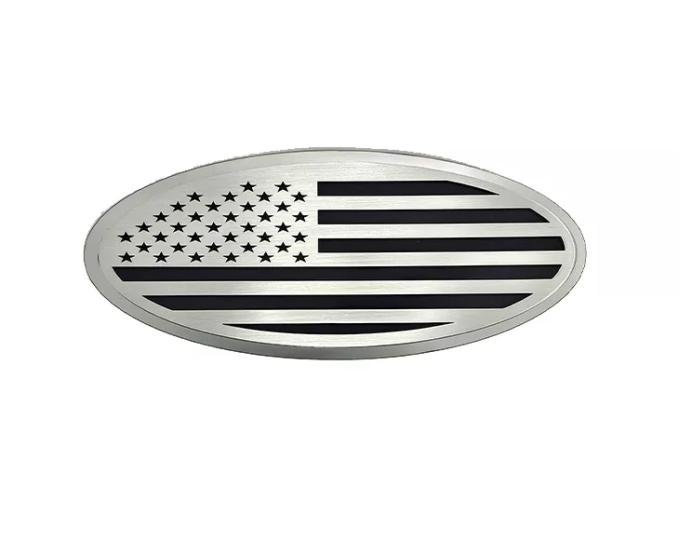 American Car Craft 2005-2014 Ford F150 Tailgate Emblem Replacement- Polished Stainless Base with Brushed American Flag Top Plate 762005-BLU