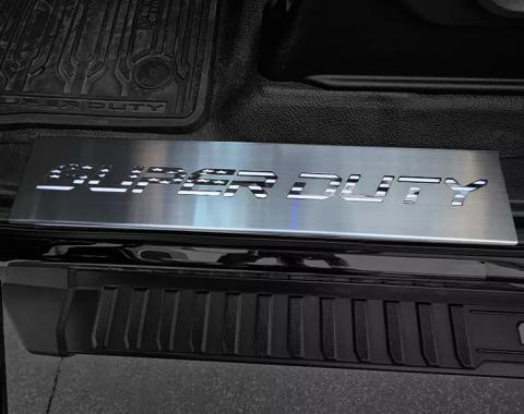 American Car Craft 2017-2024 Ford F250 and F350 Front Black Brushed Stainless Steel Door sills - Super duty American Style Flag Font ( Choose Color) Choose Color (No LEDs) 791004