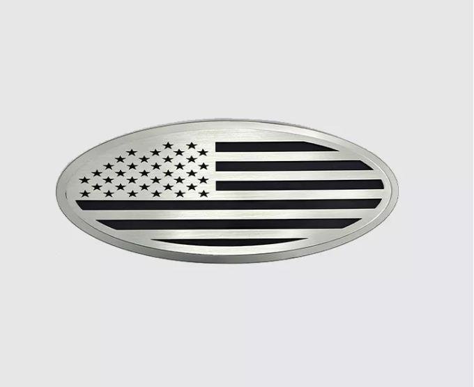 American Car Craft 1999-2007 Ford F250/F350 Tailgate Emblem Replacement- Polished Stainless Back Plate with Brushed American Flag Top Plate 782110-BLU