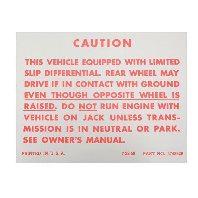 Chevy Or GMC Truck Positraction Warning Decal, 1957-1971