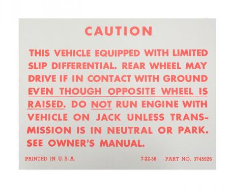 Chevy Or GMC Truck Positraction Warning Decal, 1957-1971