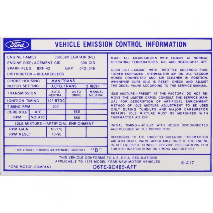 Dennis Carpenter Decal - Emission - 390 AT - 1976 Ford Truck     DF-1147