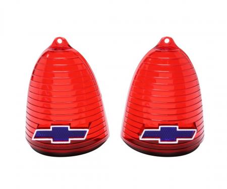 Trim Parts 1955 Chevy Full Size Cars Red Tail Light Lens W/ Blue Bowtie & Chrome Trim, Pair A1020B