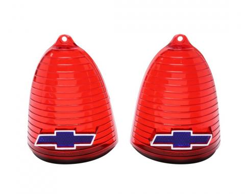 Trim Parts 1955 Chevy Full Size Cars Red Tail Light Lens W/ Blue Bowtie & Chrome Trim, Pair A1020B