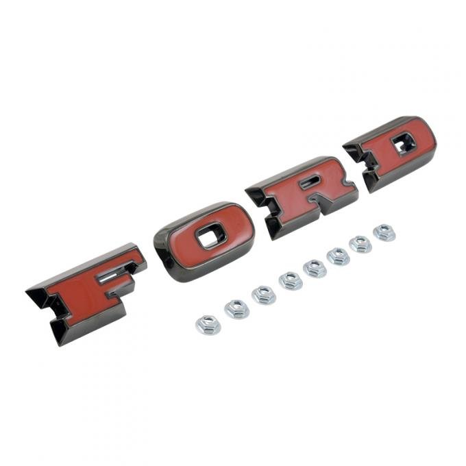 Dennis Carpenter FORD Grille Letters - Black Chrome with Red Insert - 1966-77 Ford Bronco C7TZ-8316-BCH