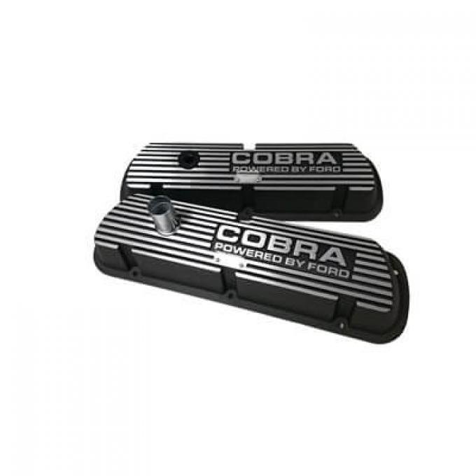 Scott Drake 1964-1973 Ford Mustang Aluminum Valve Covers with Cobra Powered by Ford Logo Black S2MS-6A582-A-B
