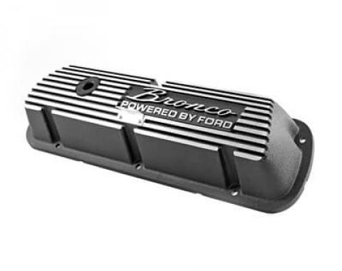 Scott Drake 1966-1977 Ford Bronco Aluminum Valve Covers Black with Bronco Powered by Ford Logo 6A582-B