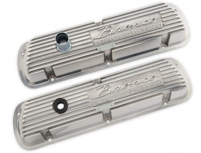 Scott Drake 1966-1977 Ford Bronco Valve Covers Polished Aluminum with Bronco Powered by Ford Logo 6A582-BP