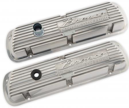 Scott Drake 1966-1977 Ford Bronco Valve Covers Polished Aluminum with Bronco Powered by Ford Logo 6A582-BP