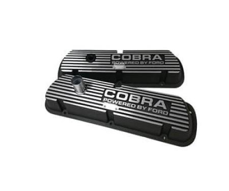 Scott Drake 1964-1973 Ford Mustang Aluminum Valve Covers with Cobra Powered by Ford Logo Black S2MS-6A582-A-B