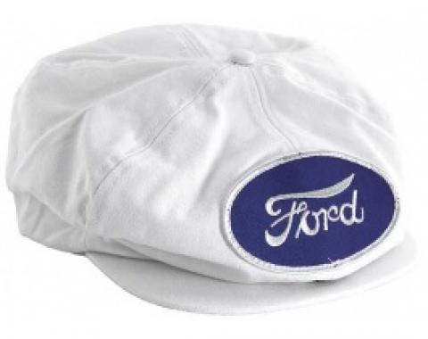 Driving Cap, Gatsby Style, White, With Ford Script Patch