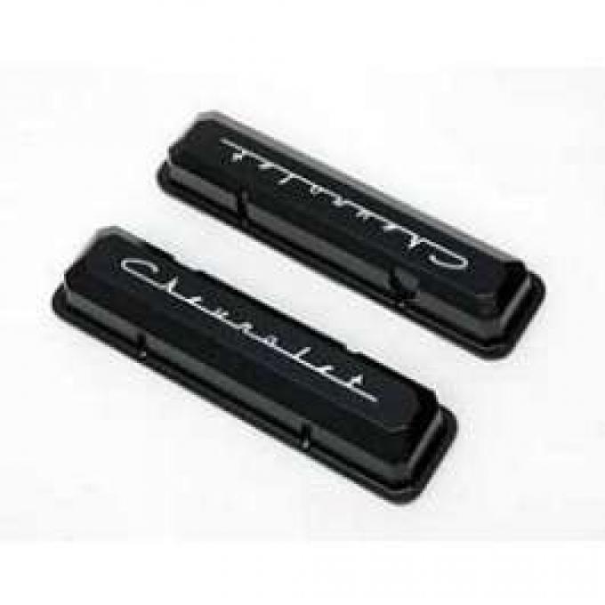 Chevy Truck Valve Covers, Small Block, Black Powder Coated, Aluminum, With Chevrolet Script, 1955-1972