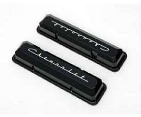 Chevy Truck Valve Covers, Small Block, Black Powder Coated, Aluminum, With Chevrolet Script, 1955-1972