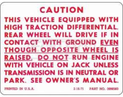 Chevy Or GMC Truck Positraction Warning Decal, 1972-1986