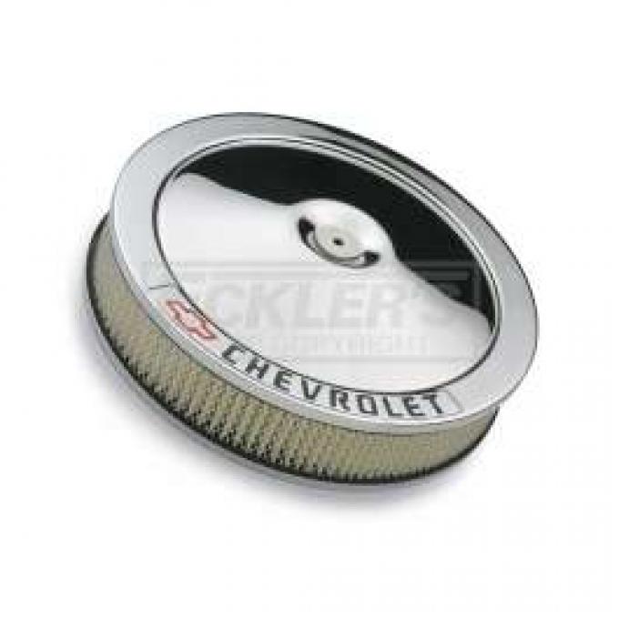 Chevy And GMC Truck Air Cleaner, 14, Chrome With Chevrolet Script And Bowtie Logo, 1955-1992