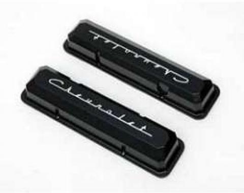 Chevy Truck Valve Covers, Small Block, Black Powder Coated, Aluminum, With Chevrolet Script, 1955-1972