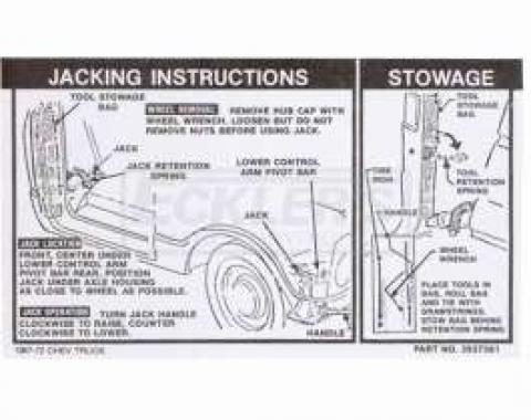 Chevy Or GMC Jacking Instructions Decal, 1968-1972