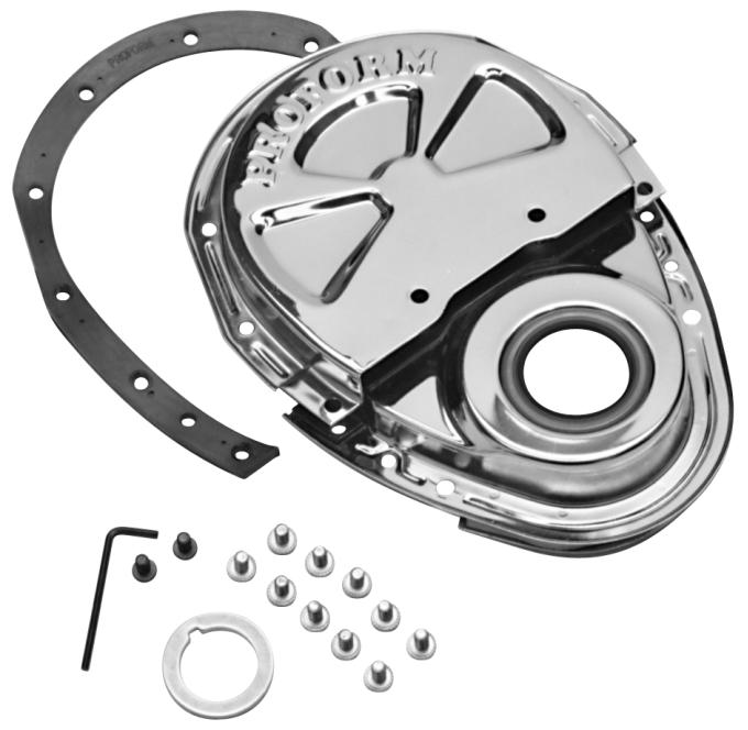 Proform Engine Timing Chain Cover, Chrome, Steel, Two-Piece Style, Fits SB Chevy 66666