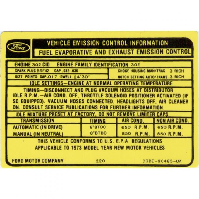 Dennis Carpenter Decal - Emission - 302 AT/MT - 1973 Ford Truck, 1973 Ford Car   DF-641