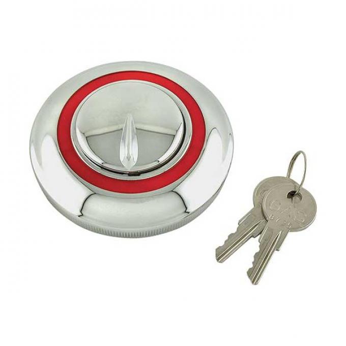 Locking Gas Cap - Die-Cast - Chrome With Red Border - For 1-7/8 Inch I.D. Filler Neck - Includes 2 Keys - Ford Pickup Truck