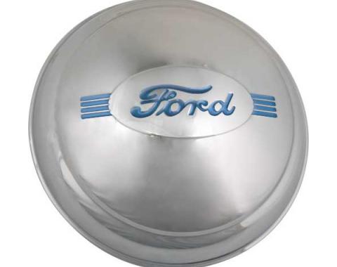 Hub Cap - Polished Stainless Steel - Embossed Ford Script Is Painted Blue - Ford