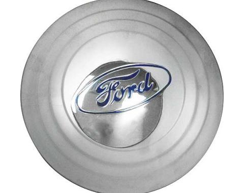 Hub Cap - Ford Embossed - Painted Ford Blue - Stainless Steel - 5-3/4 - 4 Cylinder Model B Ford Pickup Truck