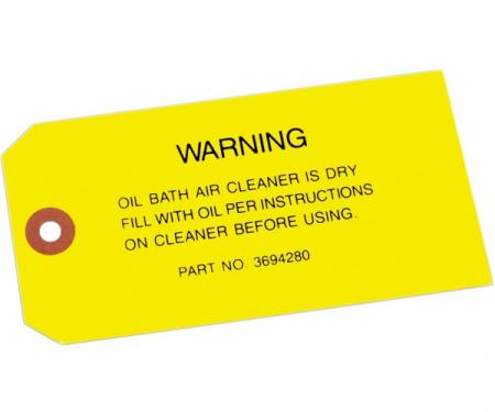 Chevy Air Cleaner Warning Tag, Oil Bath, 6-Cylinder, 1950-1954