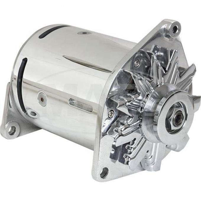 PowerGen - 6 Volt - Offset Left Hinge Mount - Polished Aluminum Body & End Plate - Chrome Fan & 3/8 Pulley - Ford & Mercury 6 Cylinder & V8