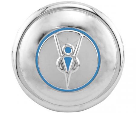 Hub Cap - V8 Embossed - Painted Ford Blue - Stainless Steel- 5-3/4 - Ford Passenger