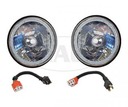 Headlights, 7 Inch Round White Diamond With Single Color White LED Halo