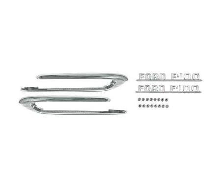 Ford Pickup Truck Hood Side Moulding Kit - Boomerang and FORD F100 Emblems - Chrome Die Cast