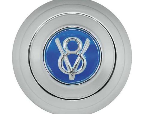 Hub Cap - V8 Embossed - Painted Ford Blue - Stainless Steel- 5-3/4 - Ford Passenger